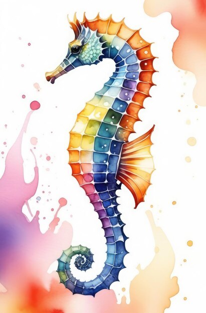 detailed handdrawn watercolor illustration of sea horse on white background ocean wildlife