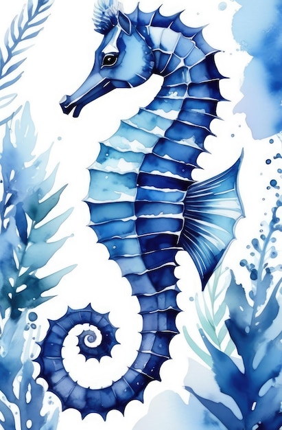 detailed handdrawn watercolor illustration of seahorse in blue tones ocean wildlife