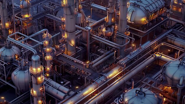 Photo a detailed hd shot of a bustling oil and gas refinery capturing the controlled chaos of workers pipes and equipment the refinery area comes to life as day transitions to night