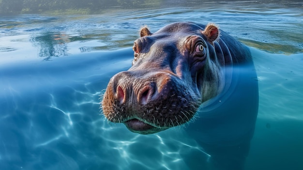 Detailed hdr photo of a hippopotamus swimming in blue water