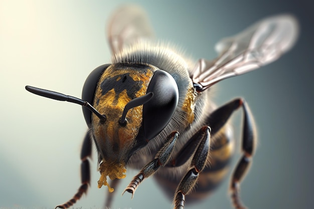 a detailed headshot of a bee superimposed on a blue backdrop