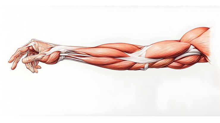 Photo 白いキャンバスに描かれた人間の腕の筋肉の詳細な解剖学