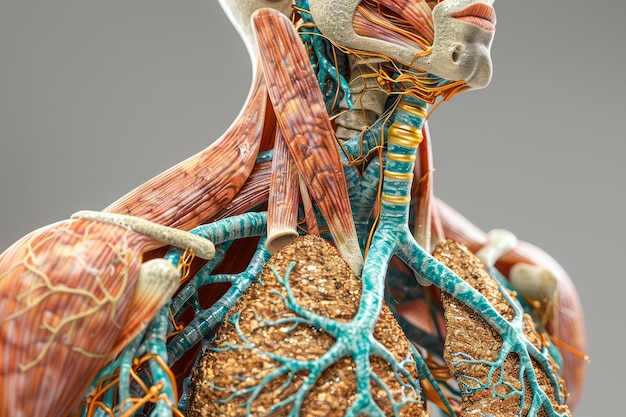 Foto modello anatomico dettagliato del sistema circolatorio e respiratorio umano isolato su sfondo grigio