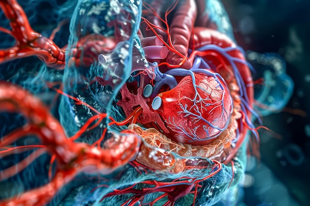 Detailed Human Heart Anatomy Illustration with a Focus on Cardiac Muscles and Arteries in Vivid