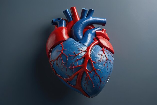 Detailed human heart model on blue background