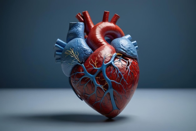青い背景の詳細な人間の心臓モデル