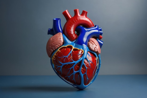 Detailed human heart model on blue background