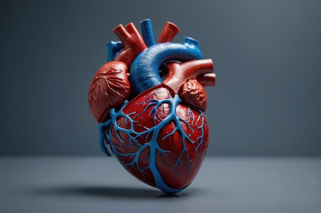 Detailed human heart model on blue background