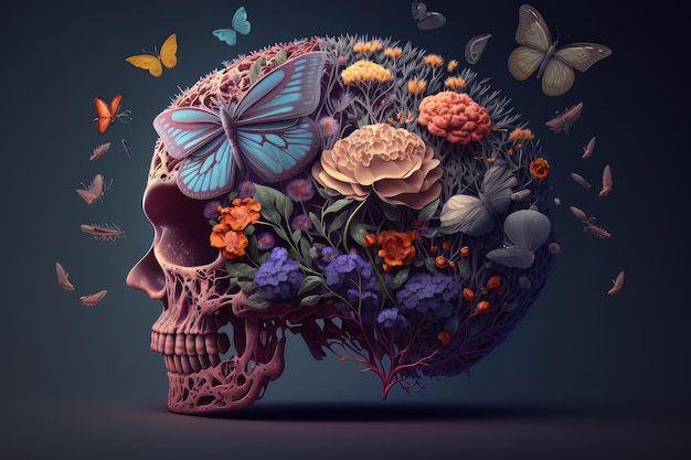 Детальный человеческий череп, цветочное украшение, фантазия, традиция, Генеративный ай