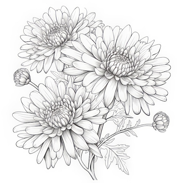 Detailed Hyperrealistic Chrysanthemum Line Art For Coloring