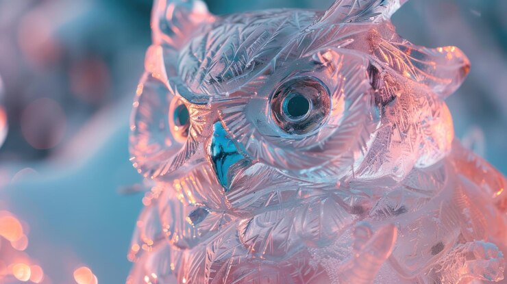 Photo a detailed ice sculpture of an owl shimmering in soft light
