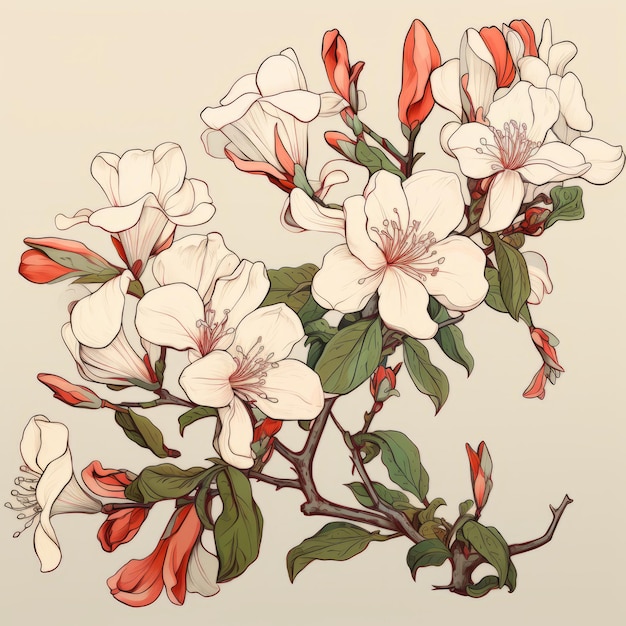 Detailed Illustration Of Azalea Branch In Art Nouveau Style