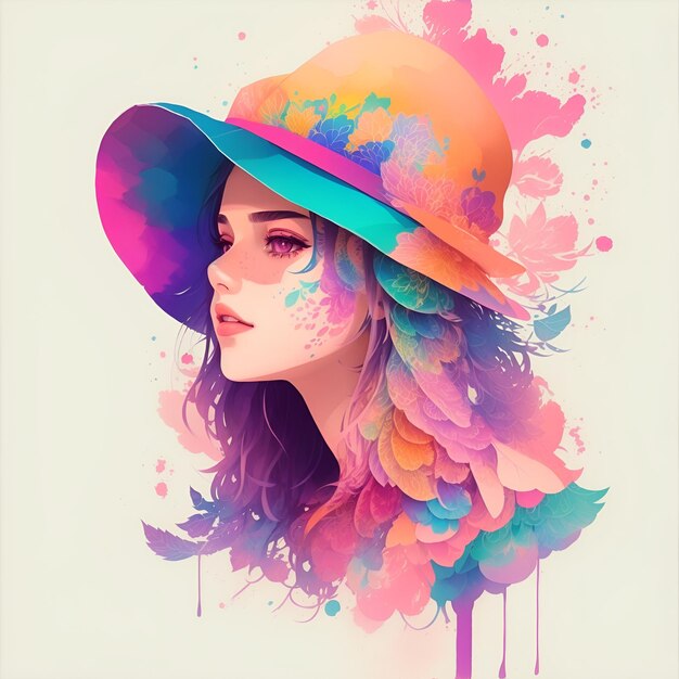 A detailed illustration of a beautiful girl wearing a hat watercolor art AI generated