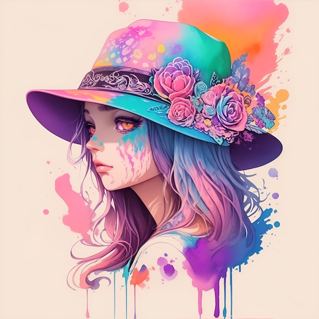 Photo a detailed illustration of a beautiful girl wearing a hat watercolor art ai generated