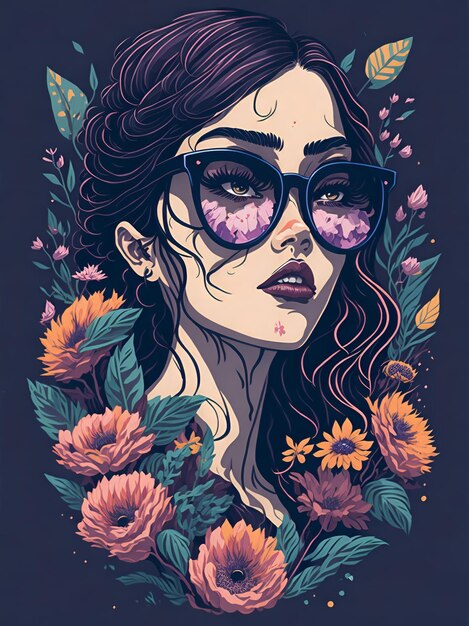 Подробная иллюстрация красивой женщины в модных солнцезащитных очках с брызгами цветов.