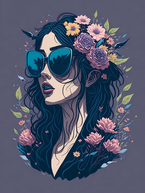 A detailed illustration of a beautiful woman wearing trendy sunglasses with flowers splash