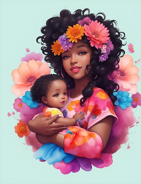 Detailed illustration of black mother holding baby