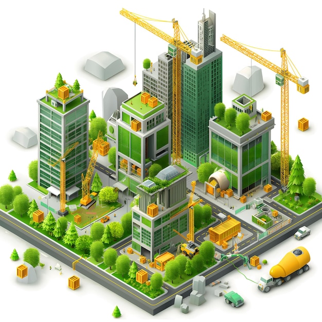 Detailed Illustration of a Bustling Construction Site and Urban Development