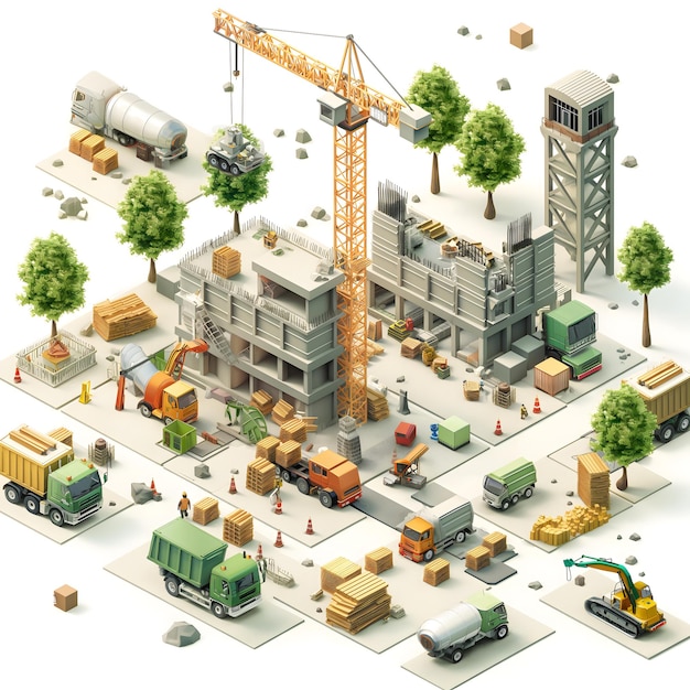 Photo detailed illustration of a bustling construction site and urban development