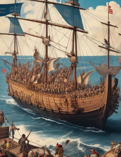 A detailed illustration of Columbus' crew disembarking onto a new land of discovery