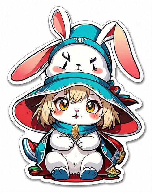 Photo detailed illustration of a cute little rabbit wearing a hemin kaminski hat cute stickers style