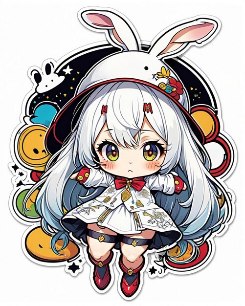 Photo detailed illustration of a cute little rabbit wearing a hemin kaminski hat cute stickers style