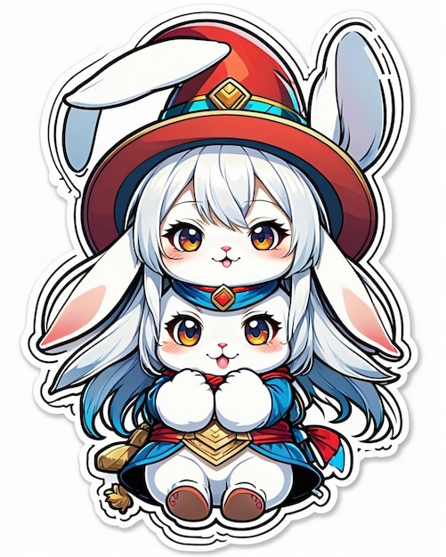 Photo detailed illustration of a cute little rabbit wearing a hemin kaminski hat cute stickers style