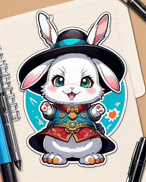 Photo detailed illustration of a cute little rabbit wearing a hemin kaminski hat cute stickers style