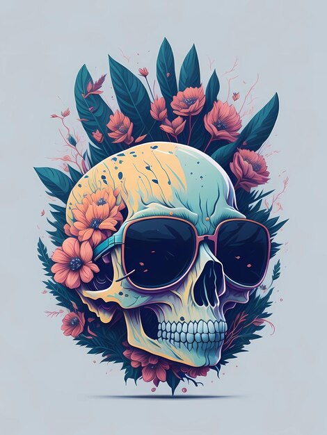 A detailed illustration a Dead Skull wearing trendy sunglasses tshirt design flowers splash