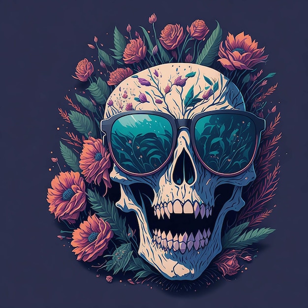 A detailed illustration of a Dead Skull wearing trendy sunglasses tshirt design