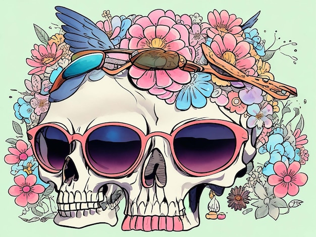 A detailed illustration of a Dead Skull wearing trendy sunglasses tshirt design