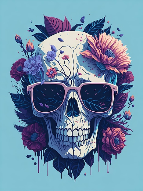 A detailed illustration of a Dead Skull wearing trendy sunglasses with flowers splash