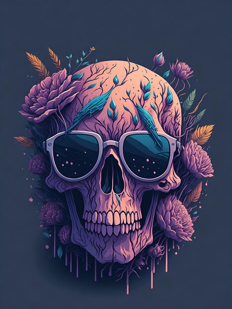 A detailed illustration of a Dead Skull wearing trendy sunglasses with flowers splash