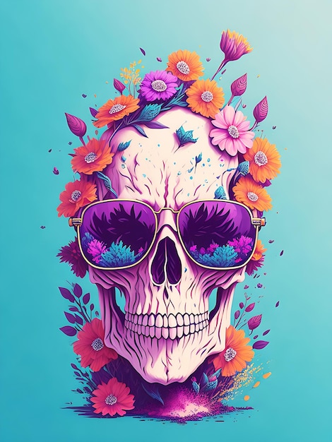 A detailed illustration a Dead Skull wearing trendy sunglasses