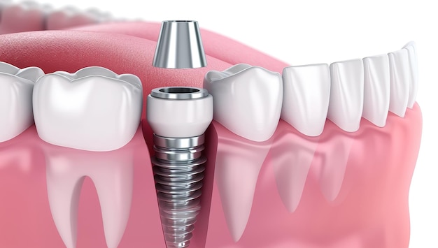 Photo detailed illustration of a dental implant among natural teeth demonstrating the integration