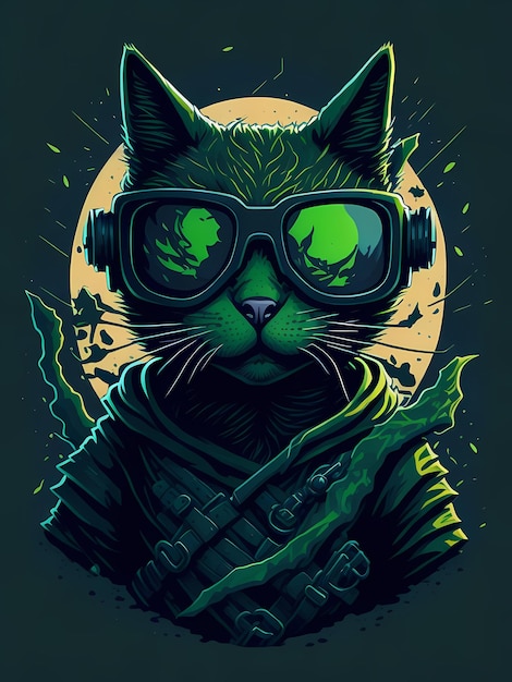 Подробная иллюстрация лица Ninja Cats Magic TShirt