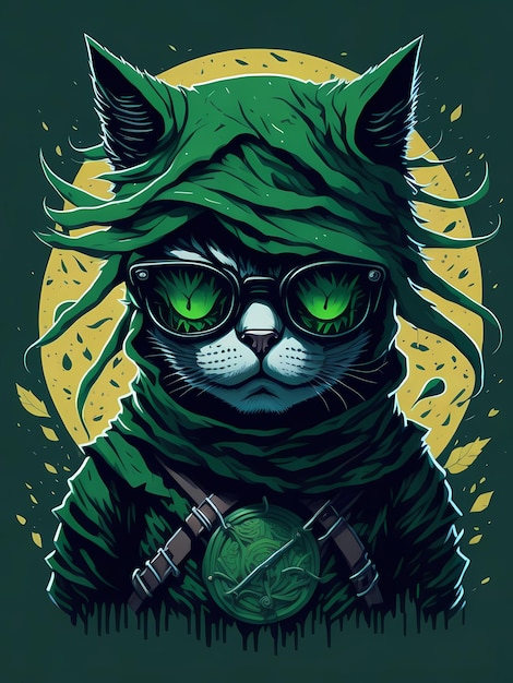 A Detailed Illustration Face Ninja Cats Magic TShirt
