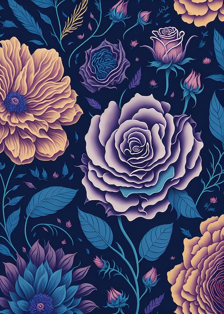 A detailed illustration of flowers roses a variety of colorful flowers seamless pattern