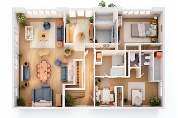 Detailed illustration of a furnished lived in single family home floor plan from above isolated on a white background Decorated single family Ai generated