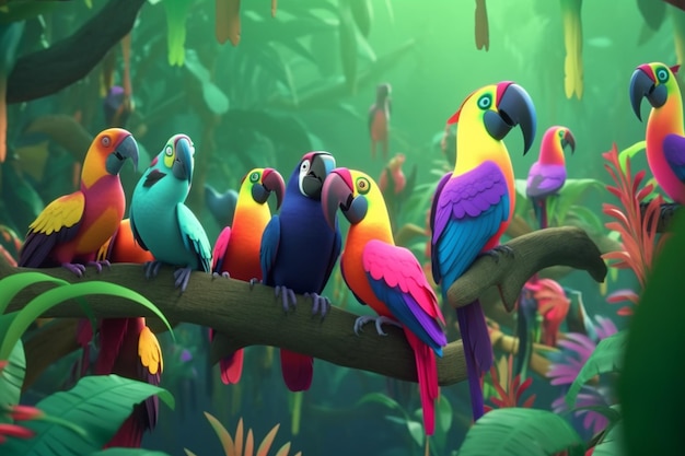 A detailed illustration of a group of birds such as parrots or toucans in a vibrant and lively tro