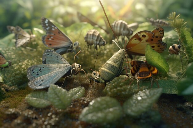 Photo a detailed illustration of a group of insects such as butterflies or beetles in a delicate and int