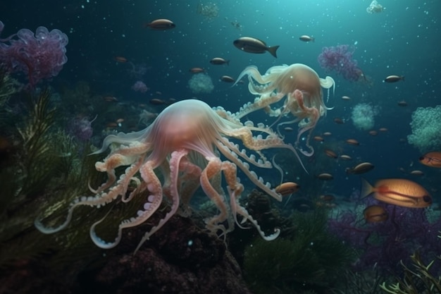 A detailed illustration of a group of sea creatures such as jellyfish or octopus in a deep and mys