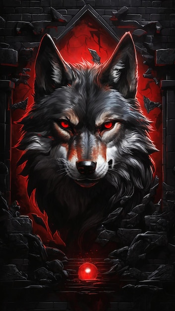 ポスター デザインに適したハロウィーンの赤い目のオオカミの詳細なイラスト