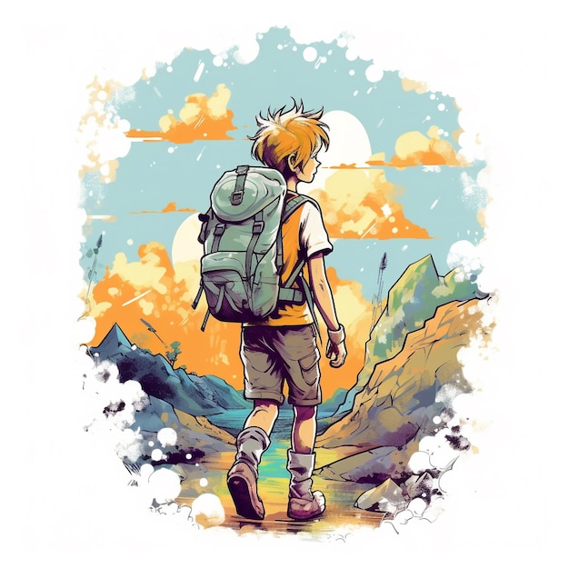 A detailed illustration of a hiker wearing a backpack style cartoon watercolor effect