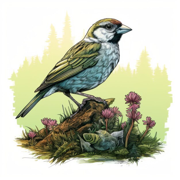Detailed Illustration Of House Sparrow Perched On Stump With Flowers