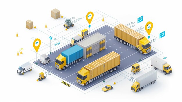 Photo a detailed illustration of a logistic hub with trucks vans and digital tracking showcasing modern tr