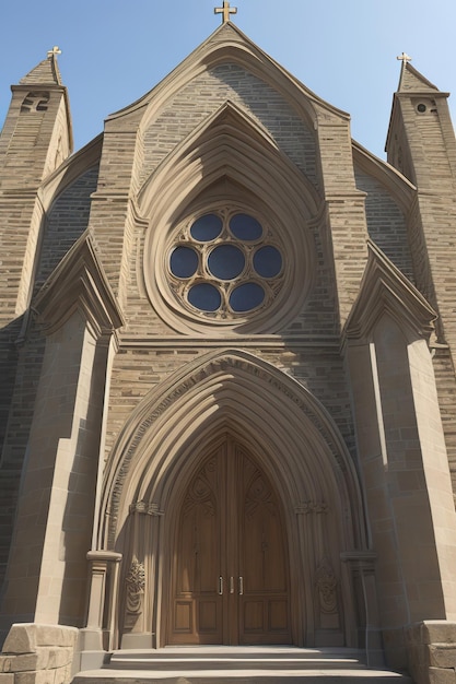 detailed illustration medieval church with pointed arches and stone carvings