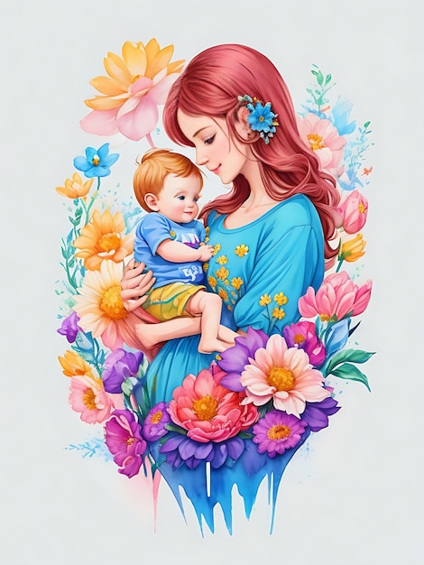 Детальная иллюстрация матери, держащей маленького цветочка, созданная искусственным интеллектом.