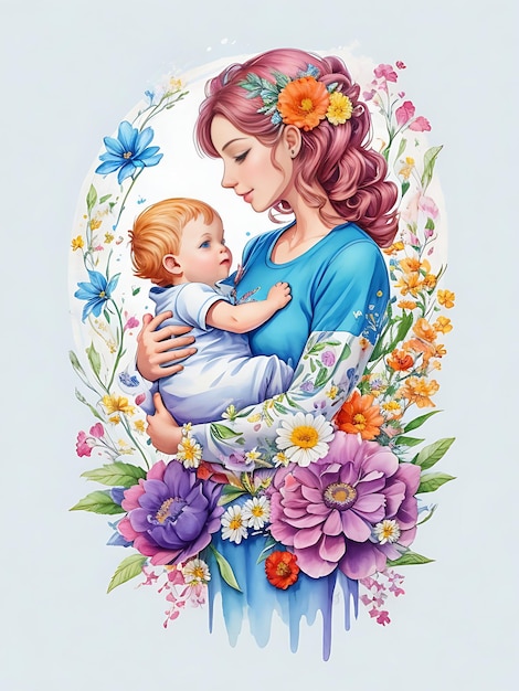 A detailed illustration of a mother holding a baby flower splash AIgenerated