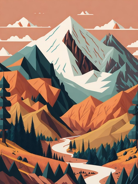 Photo a detailed illustration of a mountain landscape with a flat design